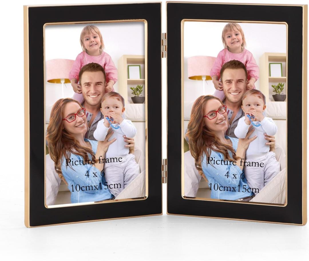 Giftgarden 4x6 Double Picture Frame Black with Tempered Glass Display 4 by 6 Photo, Metal Hinged Folding Frame for Tabletop or Wall