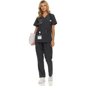 Nautica Women's Scrub Set, 9-Pocket Breathable & Stretchy Pants & Tops (Gray, M)