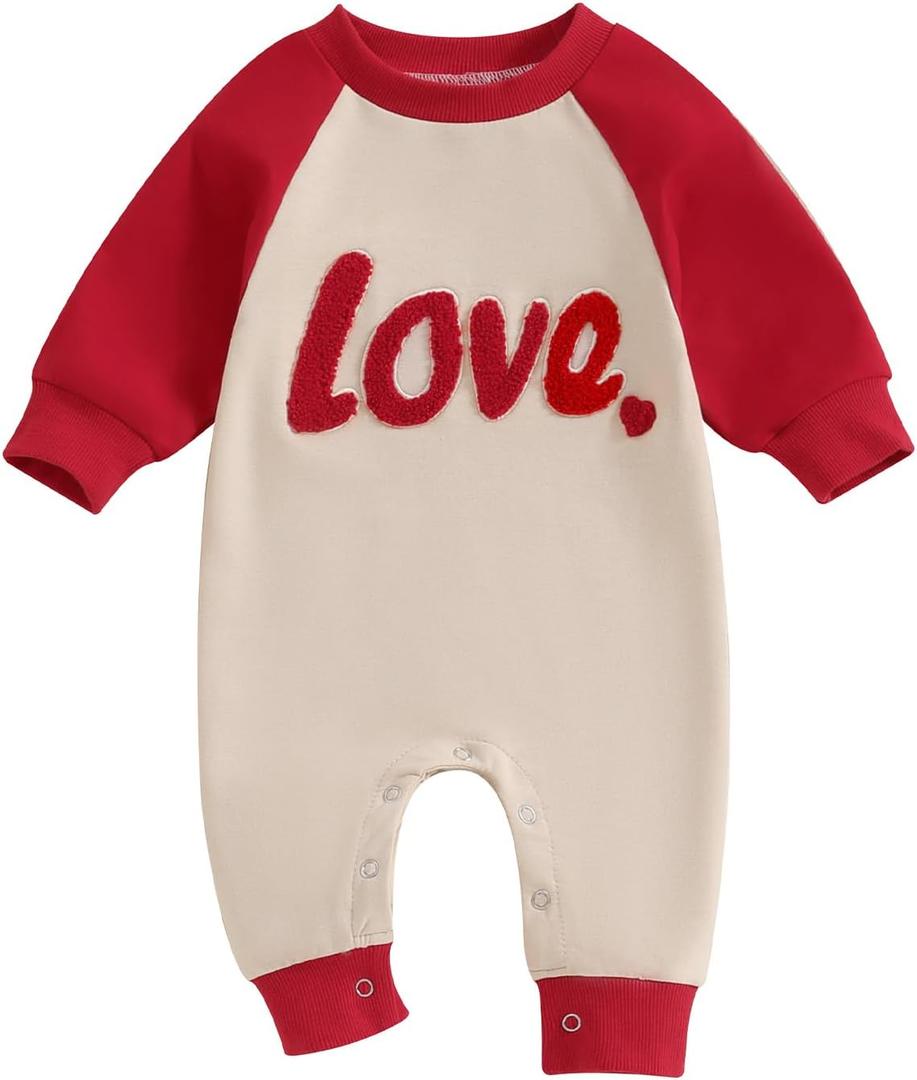 FYBITBO Infant Baby Boy Girl Clothing Bunny Embroidery Jumpsuit Long Sleeve Romper Newborn Easter Outfit One Piece Clothes, 0-3 Months, Red-My First Valentines Baby Outfit