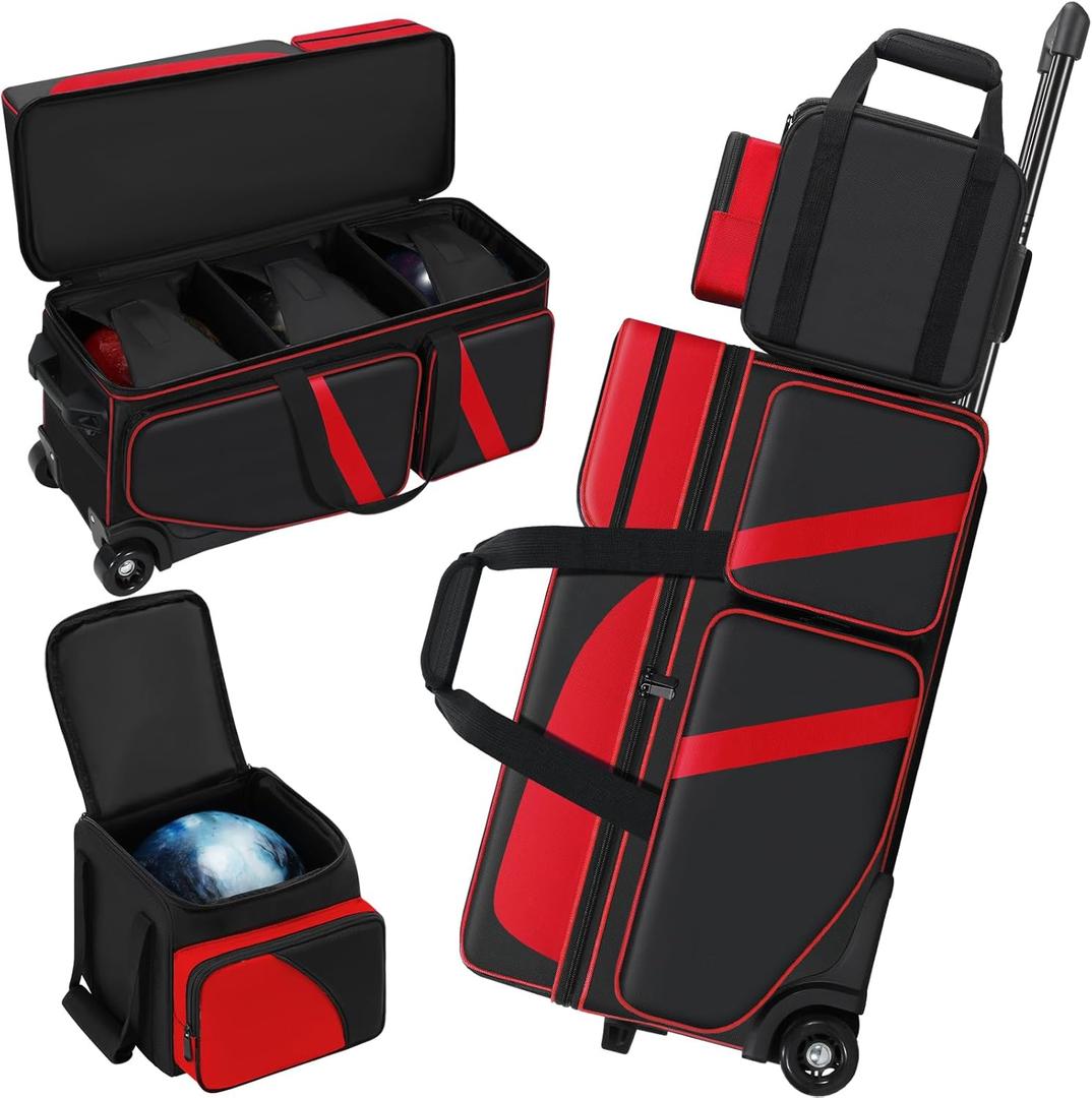 4 Ball Bowling Bag with Wheels, Bowling Bag 4 Ball Roller with Multi-pocket & Shoe Compartment & Retractable Handle, 3 Ball Roller Bag + 1 Ball Color Matching Add On Tote (Red)