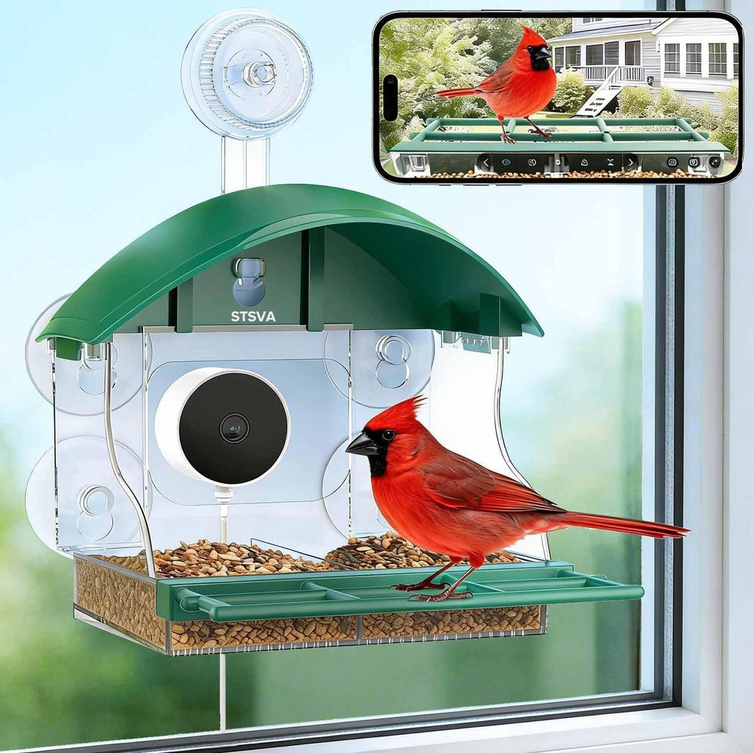 Window Bird Feeder with Camera for Bird Watching,2K Live Video,AI Bird Identification,Instant Arrival Alerts,24/7 Recording,Support 2.4G/5G WiFi,Featuring 5 Strong Suction Cups. (Green)