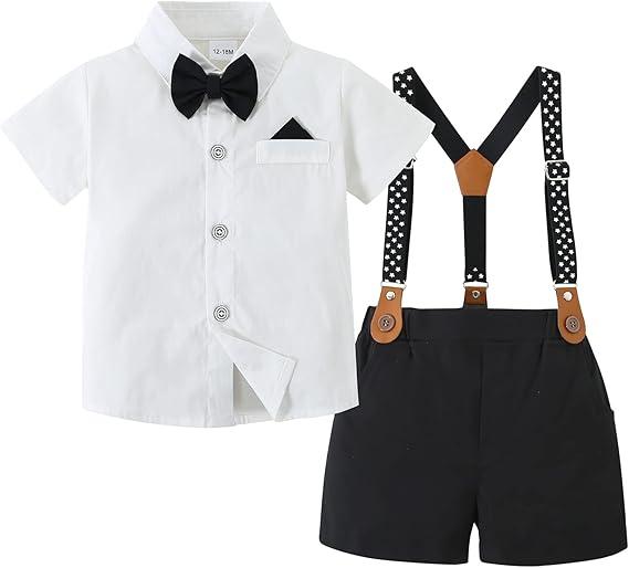 nilikastta Toddler Baby Boy Outfits Boys Gentleman Wedding Suits Set Summer Formal Short Shirt/Bowtie/Suspender, Size: 2-3T