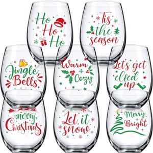 Umigy 7 Pcs Christmas Wine Glasses Xmas Stemless Wine Glass Christmas 15 oz Snowflake Winter Let It Snow Leaf Berry Glasses for Party Friend Family Holiday Birthday Decoration (Words)