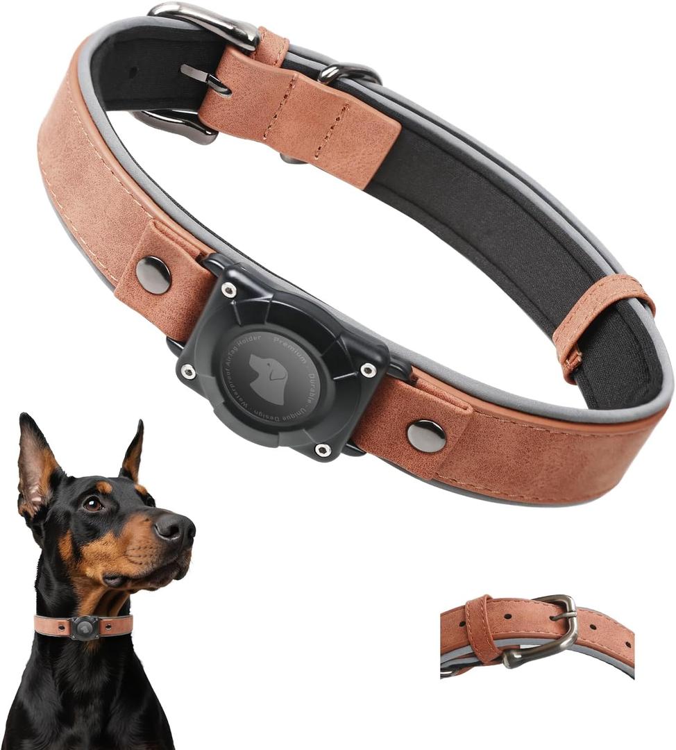Leather AirTag Dog Collar - IPX8 Waterproof Dog Collar with AirTag Holder|Reflective, High - End, Adjustable Soft Padded |Dog GPS Collar Tracker Fit for  Dogs (MAHOGANY BROWN,M (M (12.5"-17.3"))
