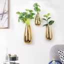 Wall Mount Metallic Gold Flower Vase, Ceramic Hanging Planter with Teardrop Shape, Set of 3 Contemporary Oval Plant Pots