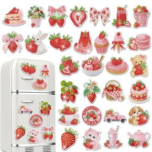 30 Pcs Strawberry Diamond Art Painting Magnets Kits Shortcake Magnetic Fridge Diamond Art Painting Kits Summer Cute Fridge Sticker Magnet 5D DIY Craft for Adult Beginner Gifts Toy Home Office Decor