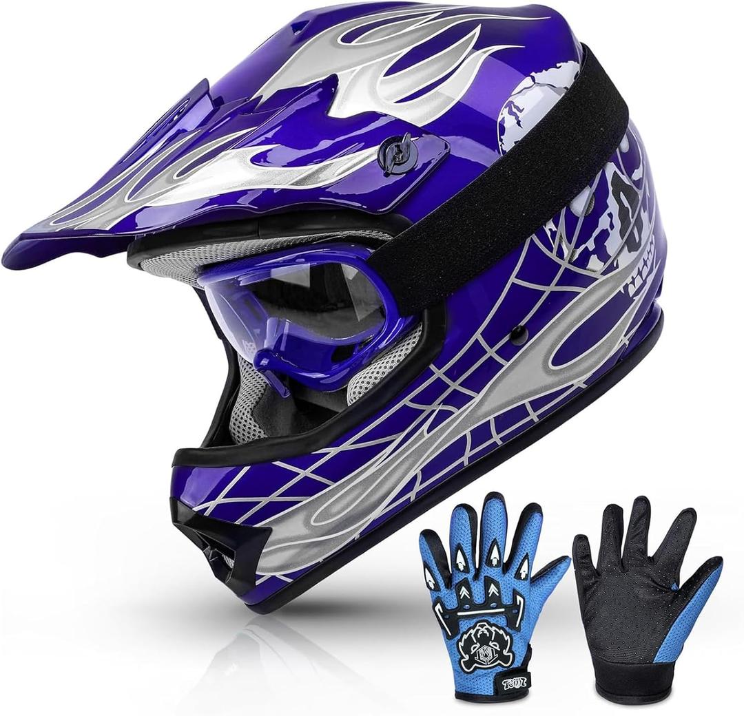 TCMT Youth Dirt Bike Helmet DOT Certified - Kids Full Face Motocross ATV Helmet with Goggles, Gloves and Helmet Bag for Off-Road, BMX, MX, Street Riding, Youth Medium (Blue)