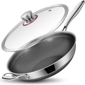 LOLYKITCH New Hybird 12 Inch Tri-Ply Stainless Steel Wok Pan with Lid,Ceramic Nonstick Stir Fry Pans,Induction Cooking Pan,Dishwasher and Oven Safe