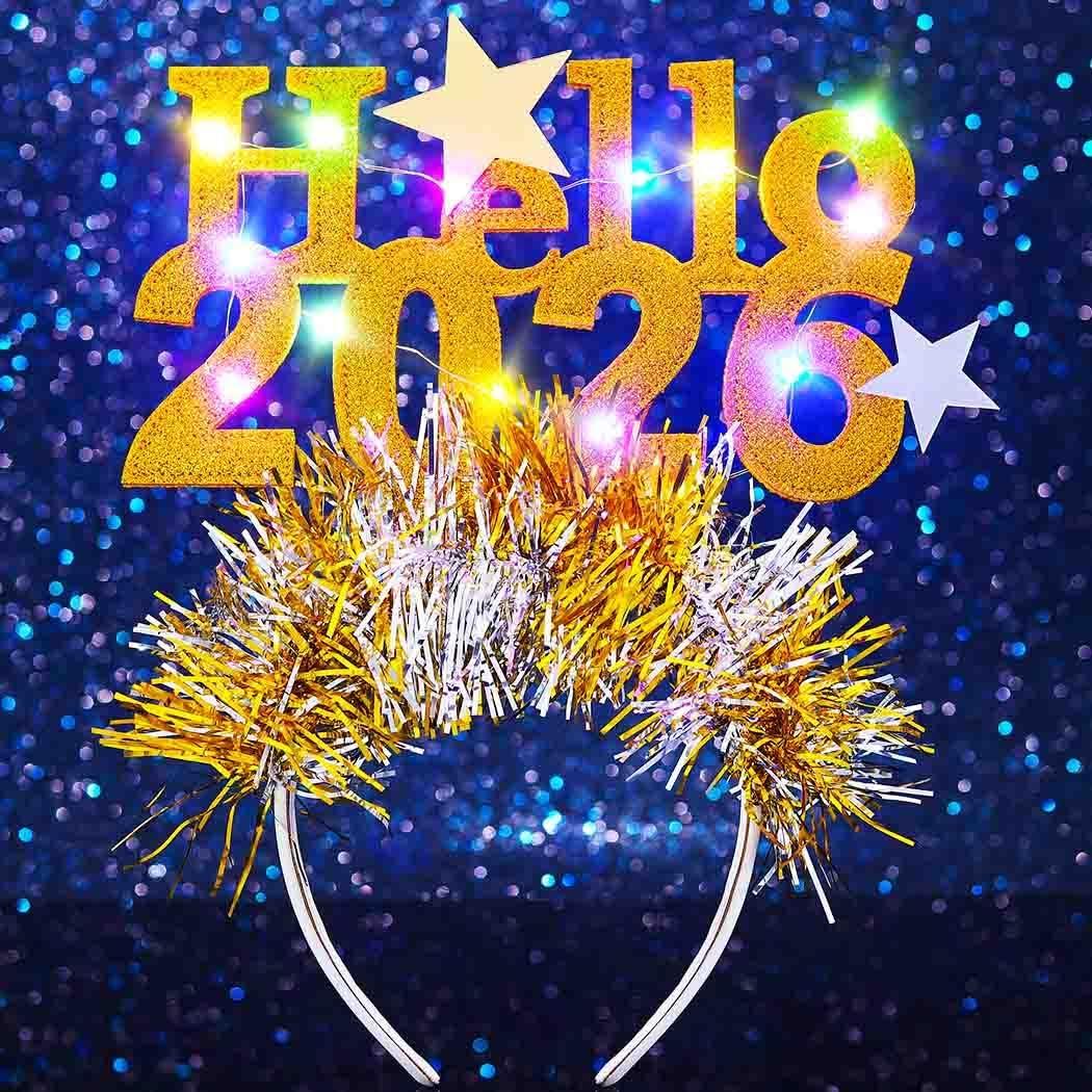 DRESBE Light Up 2026 New Year Headband Gold LED Happy New Year Headbands Party Favors Hair Accessories for Women