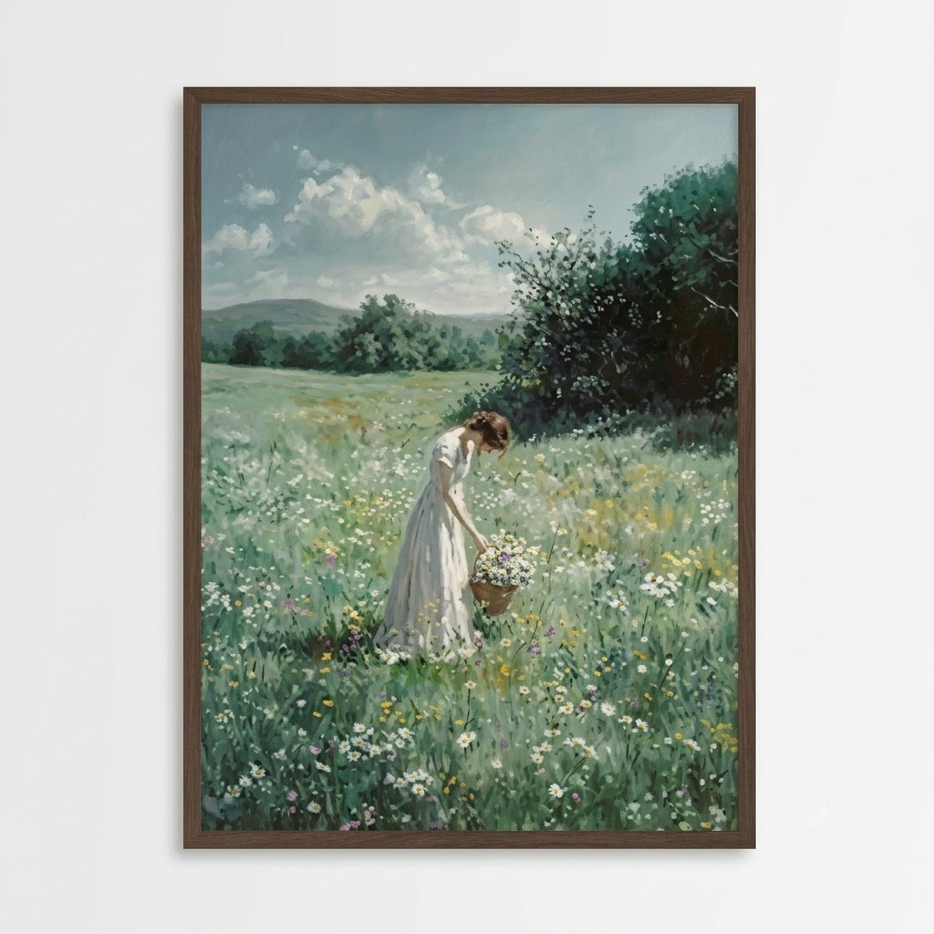 Framed Canvas Wall Art of Girl Picking Flowers in Meadow – Cottagecore Vintage-Style Landscape with Oil Painting Texture – Rustic Farmhouse Décor for Living Room or Bedroom – 24x32 inch