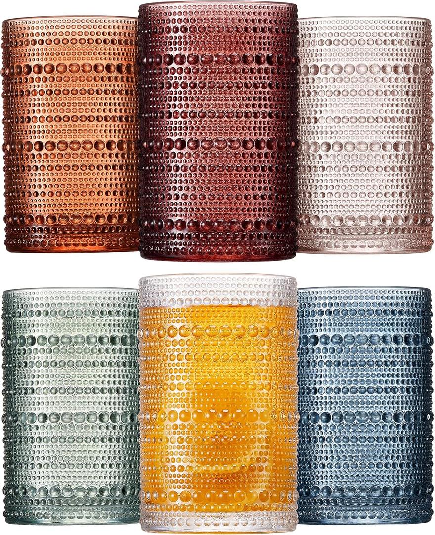 Mfacoy Colored Hobnail Drinking Glasses Set of 6, 12oz Vintage Kitchen Glassware, Embossed Beaded Glass Cups, Water Glasses, Beaded Colorful Water Tumbler for Cocktail, Juice and Various Mixed Drinks
