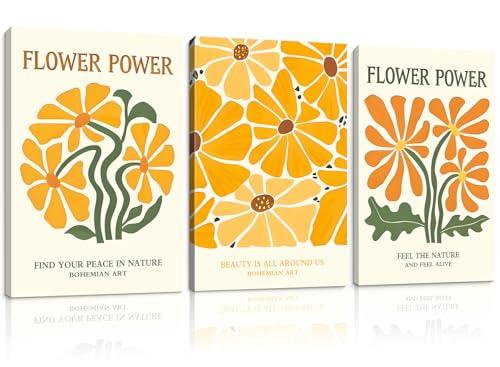 Framed Boho Flower Power Canvas Wall Art Retro Gallery Floral Prints 70s Inspired Botanical Painting Posters Colorful Vintage Picture Room Decor Aesthetic Bohemian Wall Art for Bedroom Living Room Office16x24 Inchx3