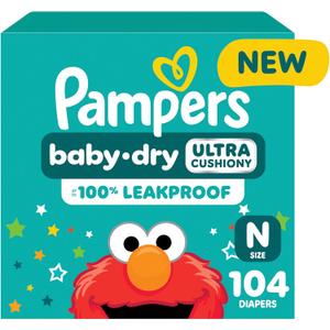 Pampers Diapers - Baby Dry - Size 0, 104 Count, Absorbent Disposable Newbort Diaper (Packaging May Vary) (Newborn)