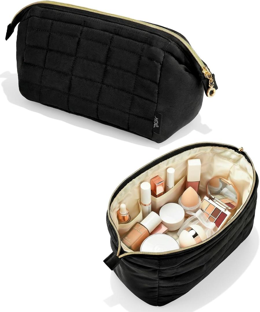 Ms. Pen- Aesthetic Quilted Makeup Bag for Women, Black, Puffy Padded Cute Makeup Bag Cute, Cosmetic Pouch, Quilted Pouch