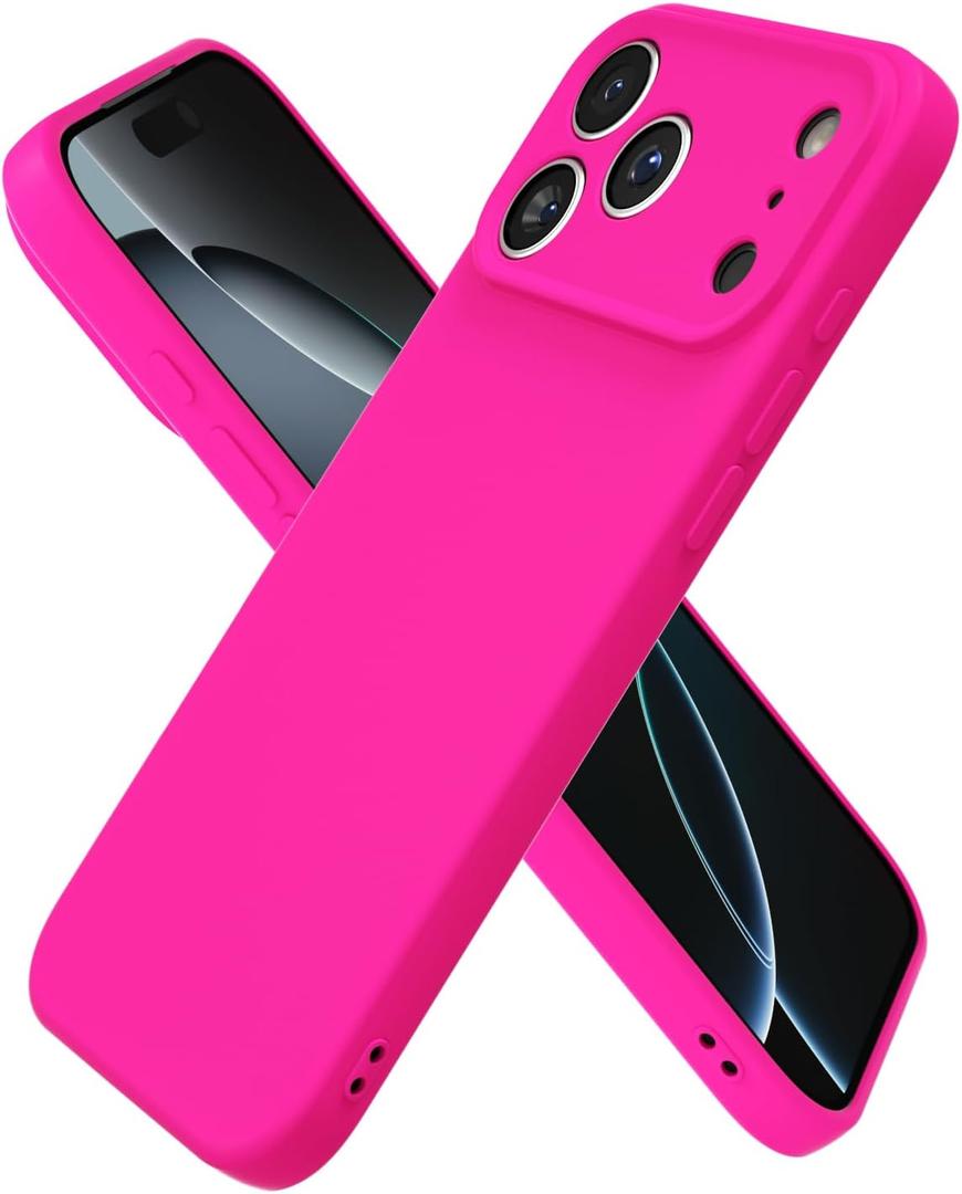 Oakxco for iPhone 17 Pro Case Silicone, Ultra Slim Thin Phone Case for Women Girls, Plain Solid Color Minimalist Aesthetic Cute Girly Design, Soft Rubber Gel TPU with Camera Cover, Neon Hot Pink