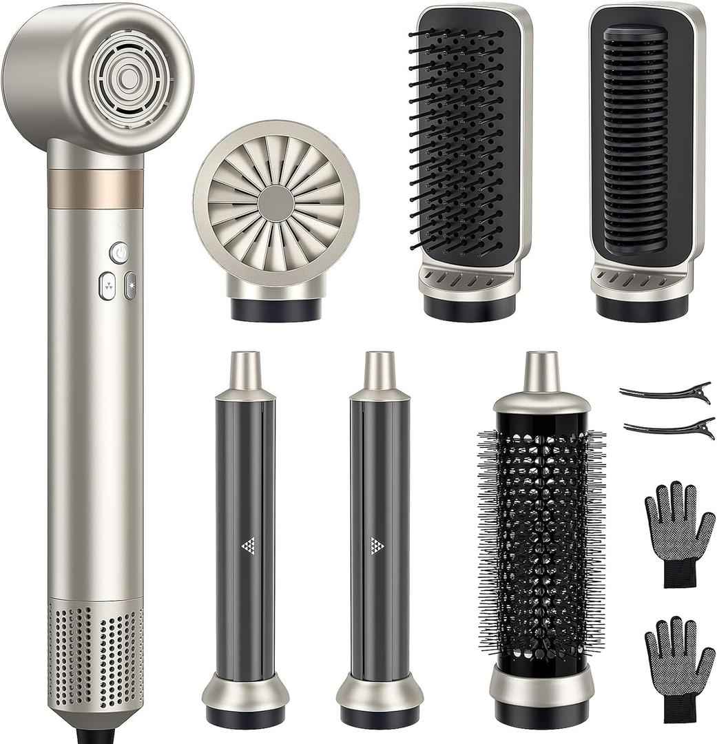 6-in-1 Hot Air Styler & Blow Dryer Brush, Ionic Hair Dryer Volumizer, Multi-Function with Interchangeable Attachments for Curling, Straightening & Fast Drying, Ideal Gift for Women(Champagne Gold)
