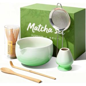 Matcha Whisk Set, Ceramic Matcha Set Includes Bowl & Holder, Bamboo Whisk (Chasen), Scoop, Spoon and Sifter, 6PCS Matcha Kit Covers Everything Needed for Making Matcha (Green)