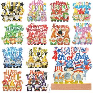 Chunful 13 Pcs Gnome Interchangeable Seasonal Diamond Art Tabletop Holiday Diamond Art Painting Kit with Wooden Light Base for Home Office Tiered Tray Tabletop Decor DIY Crafts Gifts