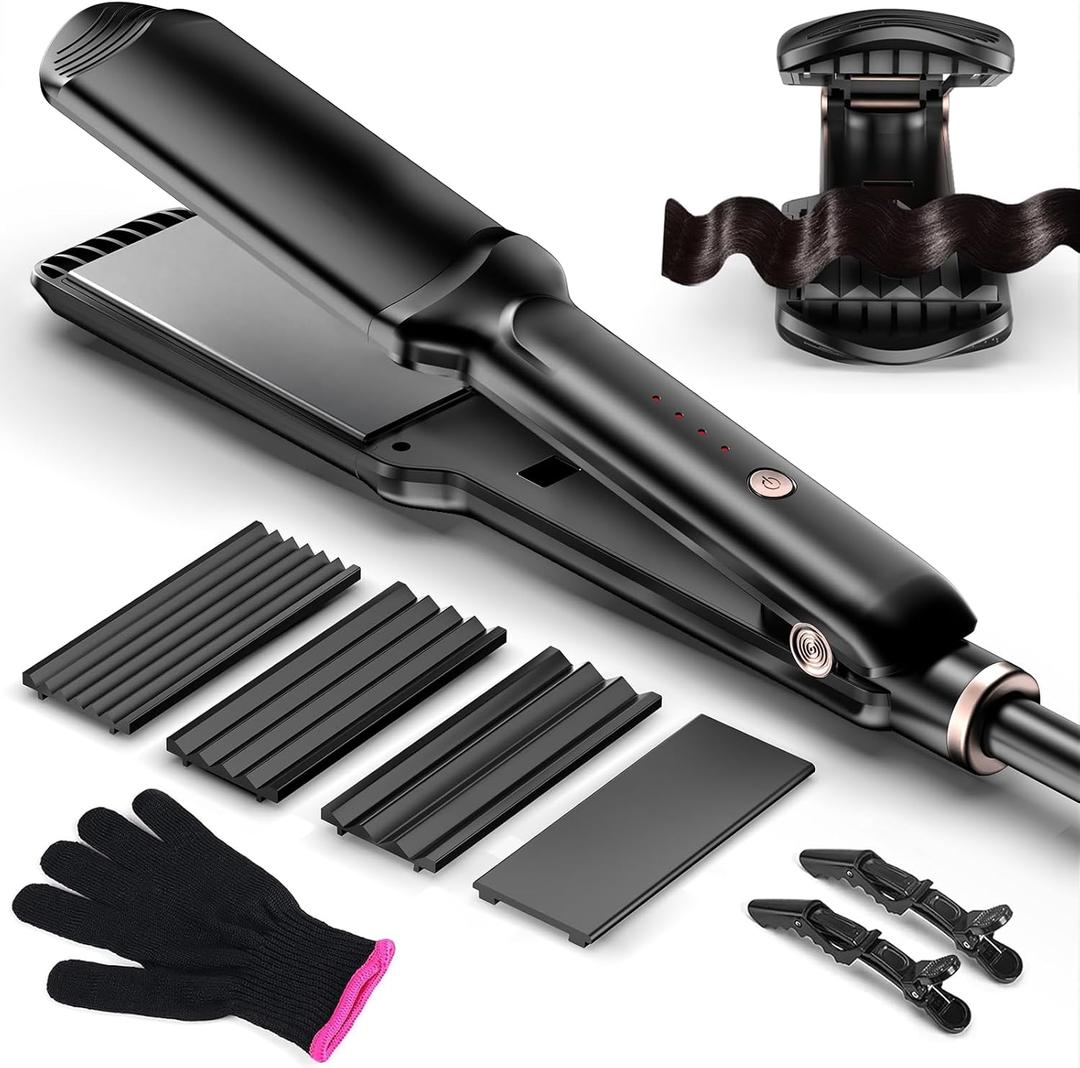 Hair Crimper Waver, Professional Hair Straightener Beach Waves Curling with 4 Interchangeable Ceramic Plates | Auto Temp Control for All Hair Types | Quick Heat Wide Plate Styling Tool & Straightener