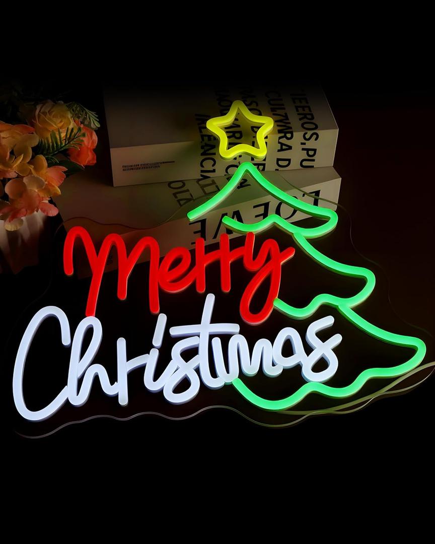 Merry Christmas Neon Sign,Christmas Tree Neon Light for Wall Decor with Switch Dimmable Light Up Sign for Home,Office,Xmas Indoor Festive Decorations USB Powered(14.1x12.6 Inch)