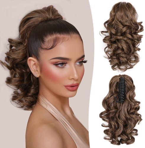 12 Inch Ponytail Extension - Clip in Ponytail Hair Extensions, Curly Wavy Pony Tails Hair Extensions, Synthetic Claw Clip Ponytail Extension for Women (Color: Medium Brown Mixed Honey Blonde)