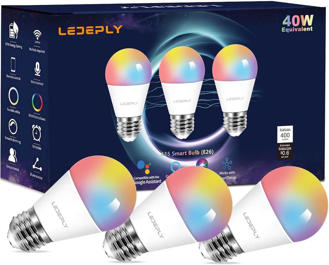 LEDEPLY A15 LED Smart Bulb, Compatible with Alexa, Google Home, E26, 5W=40W, Color Changing, Dimmable WiFi Light Bulbs, 2.4GHZ WiFi Only, No Hub Required, 3 Pack
