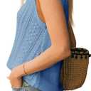 Langwyqu Womens Cap Sleeve Tops Summer Crew Neck Shirt Lightweight Crochet Knit Sweater (Blue)