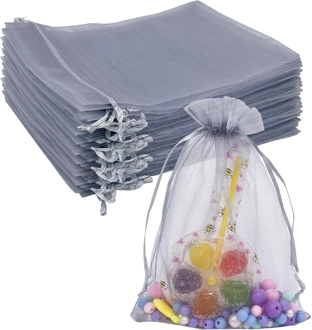 100PCS Silver Gray Organza Bags - 5X7 inches Sheer Mesh Drawstring Gift Bags for Wedding, Baby Shower, Party Favors (Grey)