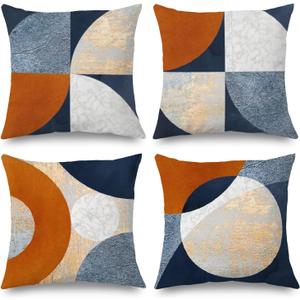 Boho Blue Orange Brown Gold Pillow Covers 18x18 Set of 4, Abstract Modern Terracotta Circles Decorative Pillow Covers for Bedroom Living Room, Textured Modern Home Decor, Boho Textured Room Decor
