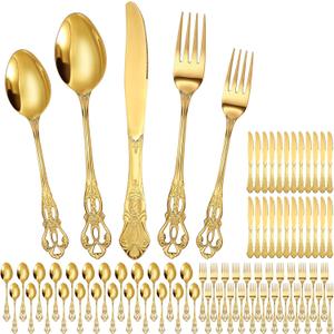 Dandat 250 Pcs Retro Royal Silverware Set Stainless Steel Flatware Tableware Cutlery Utensils Set Including Fork Spoon and Knife for Kitchen Restaurant Home Wedding Birthday Party Favor (Gold)