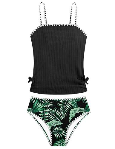 Queenstyle Girls Swimsuit Size 10 12 Tankini Set Kids Bathing Suits Two Piece Girls' Swimwear Size 13-13Y Drawstring Adjustable Straps Black-a