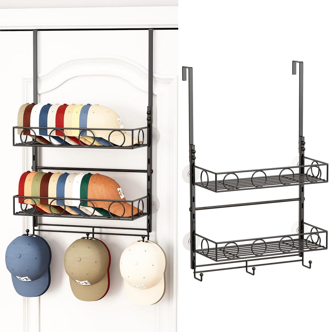 Over Door Hat Organizer 3 Tier Wall Mounted Hat Rack with 2 Adjustable Metal Basket and 3 Hooks Hat Organizer for Baseball caps Hat Hanger Holder Display for Door Closet, Cap Organizer Storage (Black)