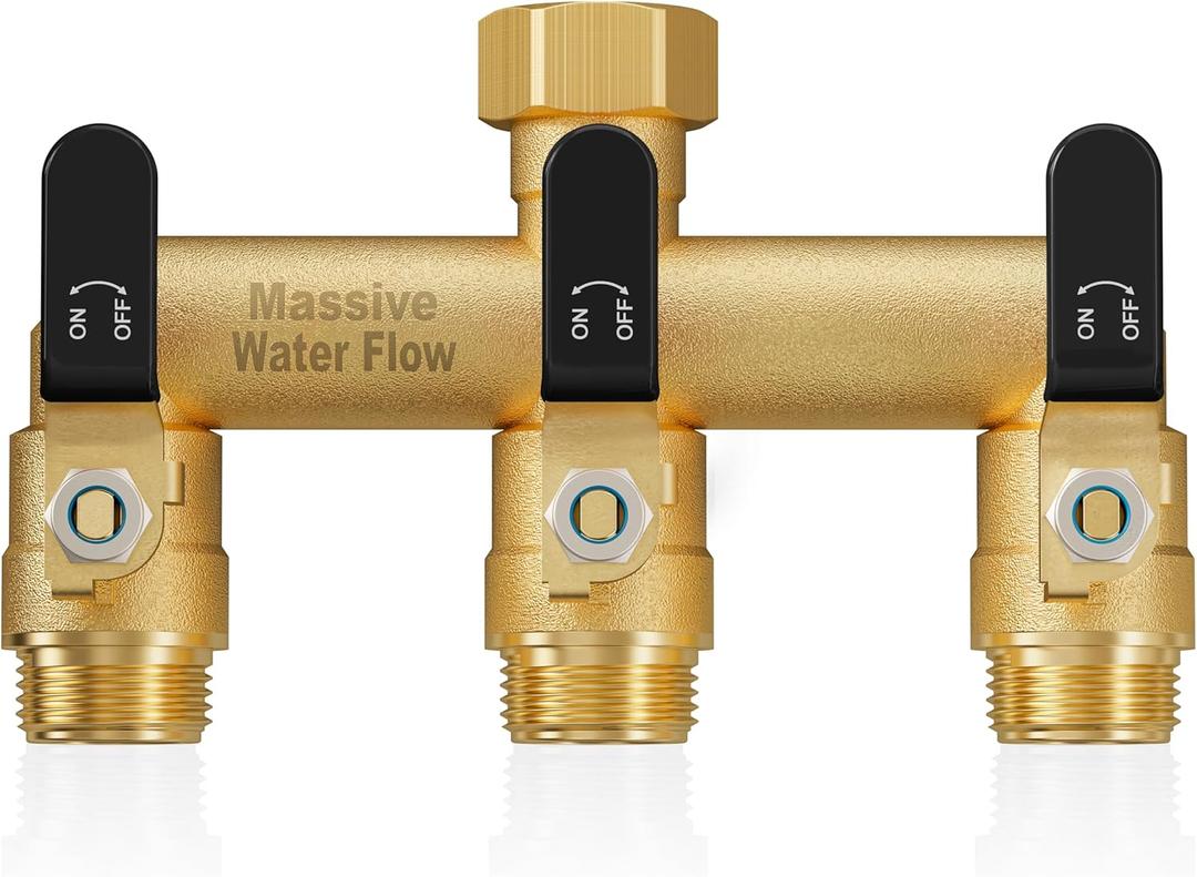 3 Way Hose Splitter, Heavy Duty Full Flow Garden Water Hose Bib Spigot Splitter, Brass Rust and Freeze Resistant Outdoor Faucet Splitter, T Adapter Connector with 3/4 - Inch GHT Thread Black