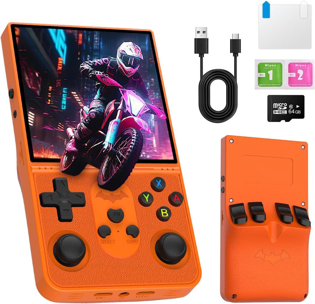 R36 Promax Retro Handheld Game Console, 4.0 Inch Full-Lamination IPS Screen Retro Gaming Console, Linux System, Built-in 64GB Memory, Portable Arcade Video Gaming Console Gift for Adults