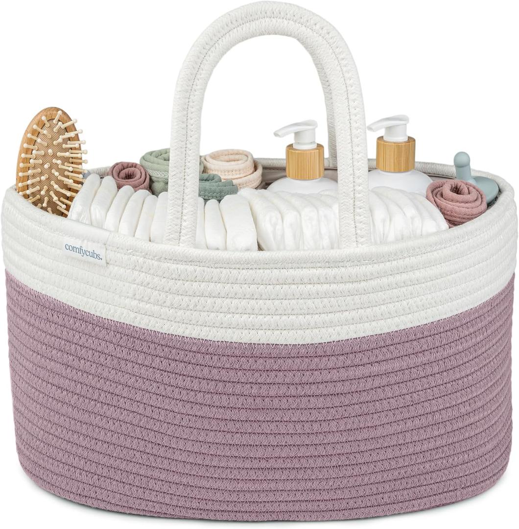Comfy Cubs Rope Diaper Caddy Organizer 8.5" x 15" x 8" - Large Baby Diaper Basket with 3 Spacious Compartments - Stylish Cotton Baby Caddy Organizer for Diapers, Wipes & Essentials - Mauve