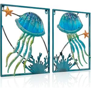 LIFFY Metal Jellyfish Wall Decor with Frame-Outdoor Wall Art,Jellyfish Wall Decor with LED Fairy Light,Glass Art Wall Sculpture, Wall Decor for Pool,Beach Wall Hanging, Home Gifts(2pcs, Blue)