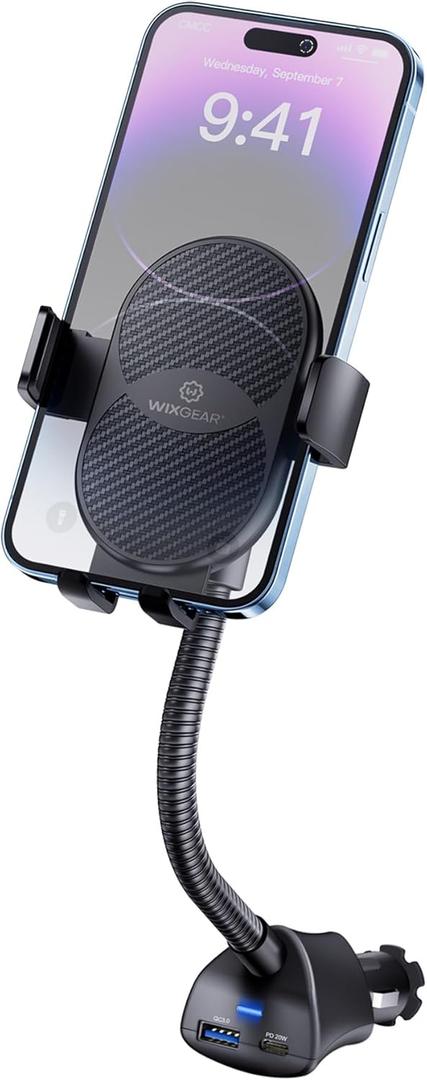 WixGear Cigarette Lighter Phone Holder, 360 Rotating Car Mount Cradle with Dual USB Charging Port, Adjustable Gooseneck, Car Phone Holder Cigarette Lighter Mount, Fits Most Cellphones