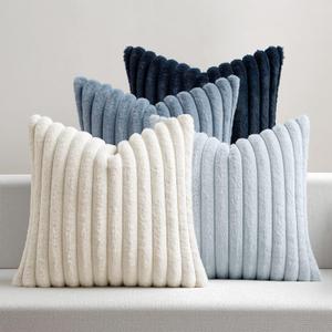 MIULEE Faux Fur Plush Decorative Throw Pillow Covers 18x18 Set of 4, Modern Soft Fuzzy Coastal Striped Cushion Covers for Sofa Couch Bed Living Room Cozy Home Decor,Navy Blue
