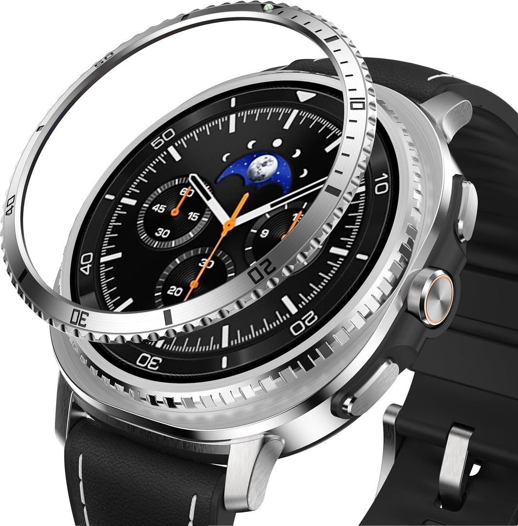 Bezel Cover Compatible with Samsung Galaxy Watch 8 Classic Case 46mm, Stainless Steel Bezel Ring Adhesive Cover Anti Scratch Protector Accessory, Silver