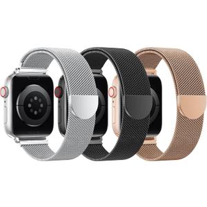 BELONGME 3 Pack Mesh Loop Compatible with Apple Watch Bands for Women Men 40mm 41mm 38mm 42mm 44mm 45mm 49mm 46mm Series 11 10 9 8 7 6 5 4 Ultra3 SE3 2, Stainless Steel Metal Magnetic Strap for iWatch Size: 42mm/44mm/45mm/49mm/46mm(series 11 10)
