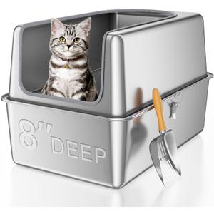 16'' High Sides XXXL All Stainless Steel Cat Litter Box with Lid,8'' Deep Metal Litter Box for Big Cats,Extra Large Litter Boxes with High Wall Enclosure,Anti-Leakage,Never Absorbs Odors,Non-Sticky