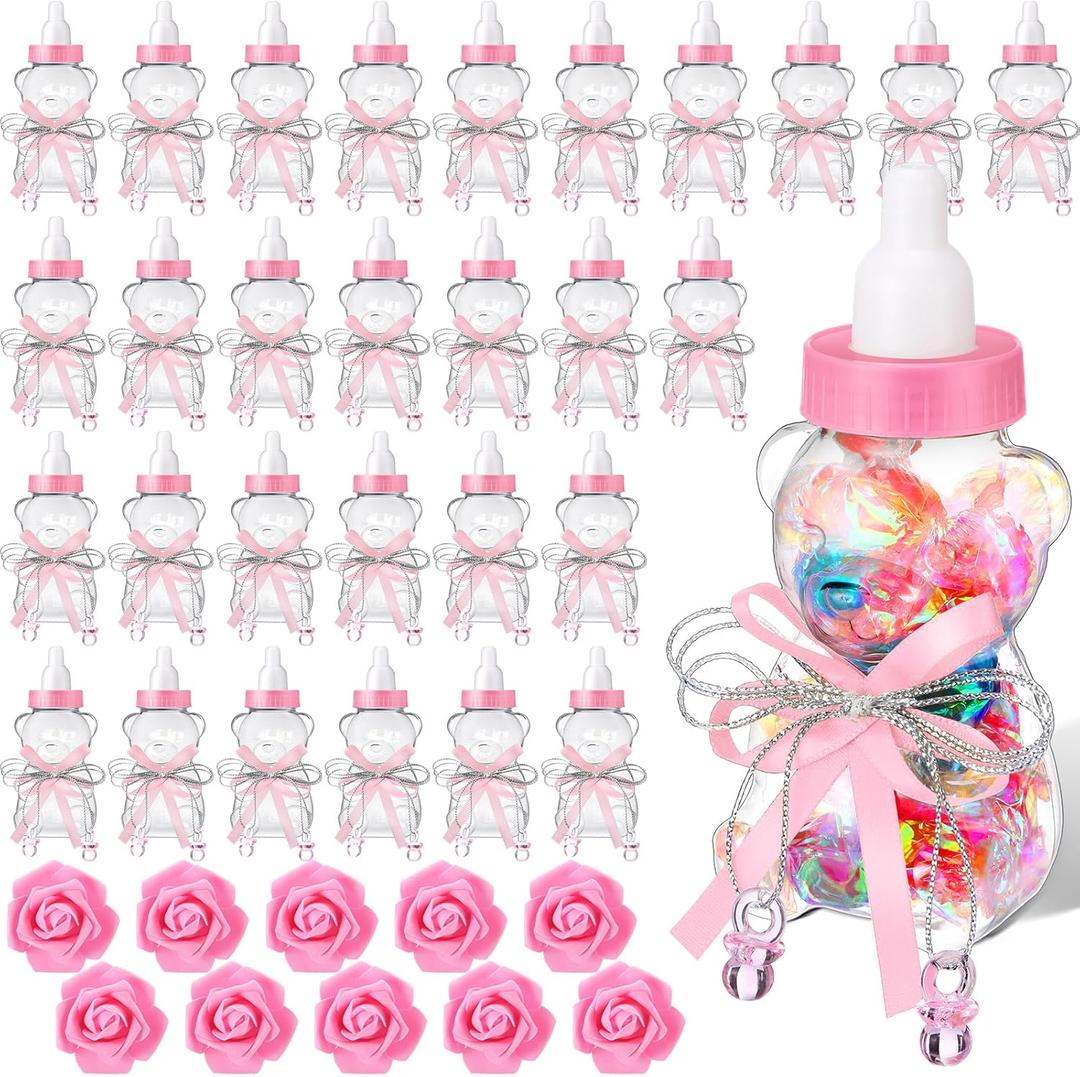 48 Pcs 4.7 Inches Baby Shower Bear Bottles Bulk Mini Clear Milk Plastic Bear Candy Bottles with Ribbon Artificial Roses for Baby Shower Favor Gift Newborn Party Decor(Pink)