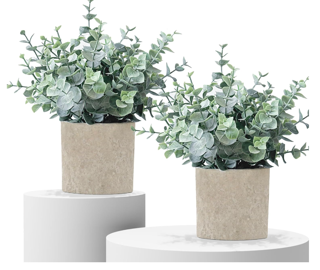 2 Pack Fake Plants Eucalyptus Small Potted Artificial Plants Indoor Greenery for Shelf Desk Home Bathroom Modern Farmhouse Living Room Coffee Table Decor