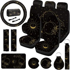 Frienda 15 Pieces Moon and Stars Car Seat Cover Full Set for Women Men Upgrade Thick Car Front Seat Covers Universal Steering Wheel Cover Separate Headrest Cover Seat Belt Pads (Flower Pattern)