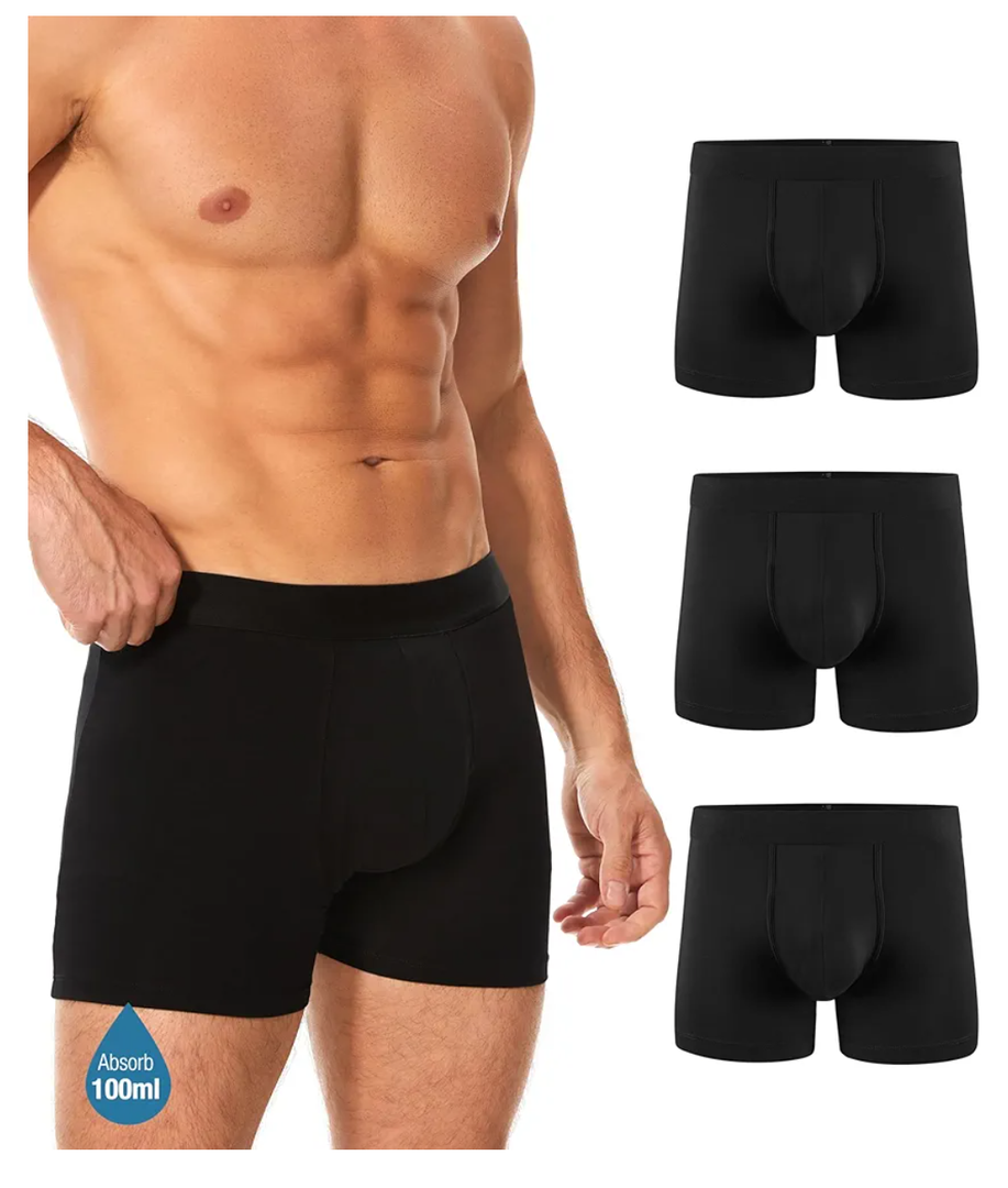 Men's Incontinence Underwear, Leak Proof Washable Reusable Cotton Boxer Brief, Heavy Flow Bladder Leak 3 Pack (Black, Large)
