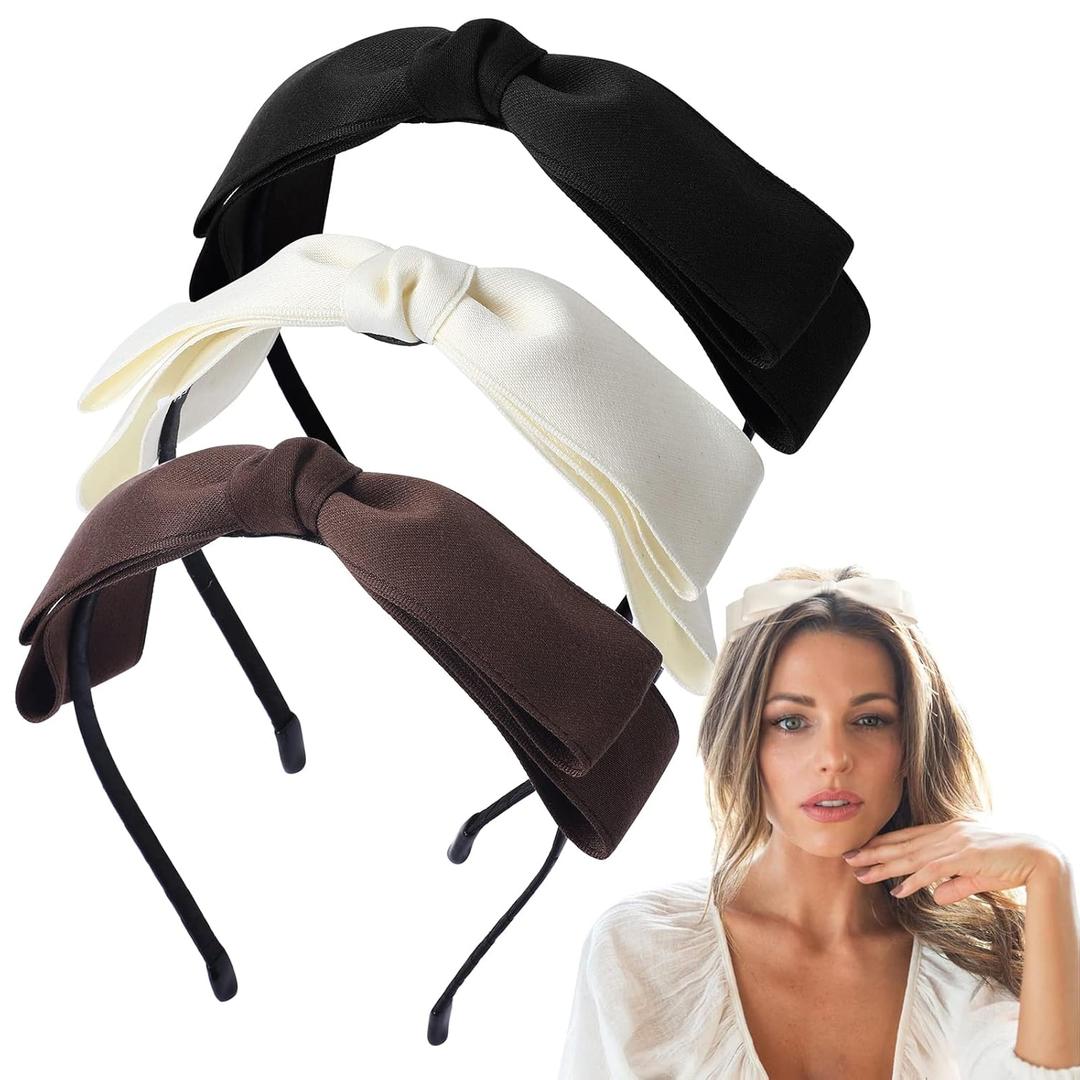 3PCS Headbands For Women Handmade Satin Bow Hairbands Accessories For Girls Party Decoration Headwear (Black/Cream/Coco)