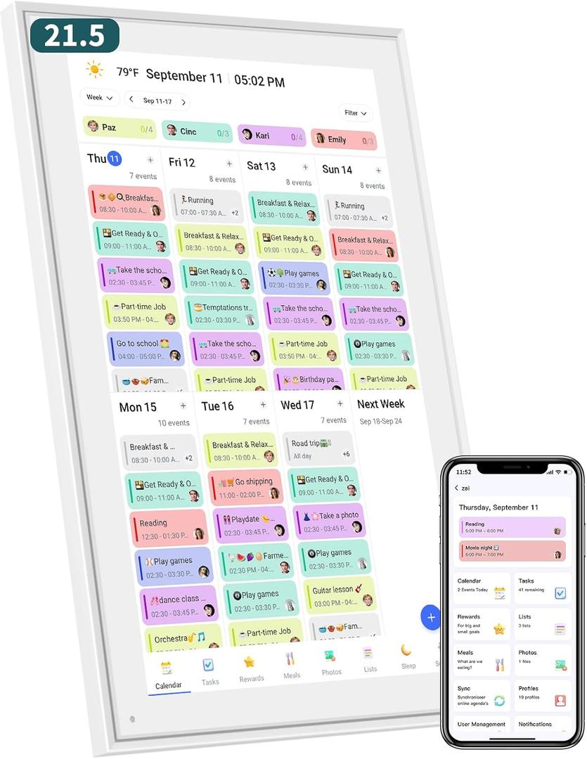 21.5 Inch Digital Wall Calendar Rewards for Chores! Smart Electronic Family Organizer with Touchscreen, Meal Planner & Photo Frame, Syncs with Google/iCloud, for Wall or Desk, White (New Version)