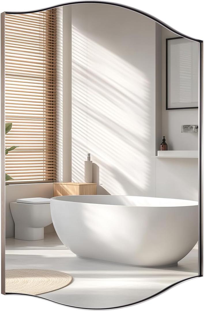 ANDY STAR Brushed Nickel Bathroom Mirror, 22"x30" Scalloped Wall Mirror in Stainless Steel Metal Frame, Unique Vanity Mirror with Modern Curved Edge Design, Ideal for Bathroom, Bedroom, Entryway