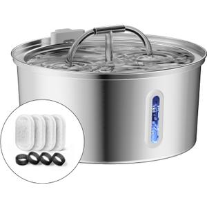 Cat Water Fountain Stainless Steel, 3.2L/108OZ Pet Water Fountain for Drinking,Automatic Metal Dog Water Fountain with 4 Filters & 4 Sponges,Quiet Pump,Dual-Stream for Cats, Dogs,Multiple Pets Indoor