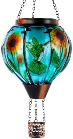 DREAMSKIP Hummingbird and Sunflower Solar Hot Air Balloon Lantern with Flame, Glass Hot Air Balloon Solar Lantern Outdoor Waterproof, Hanging Solar Lantern for Outside Garden Patio Tree Porch Yard